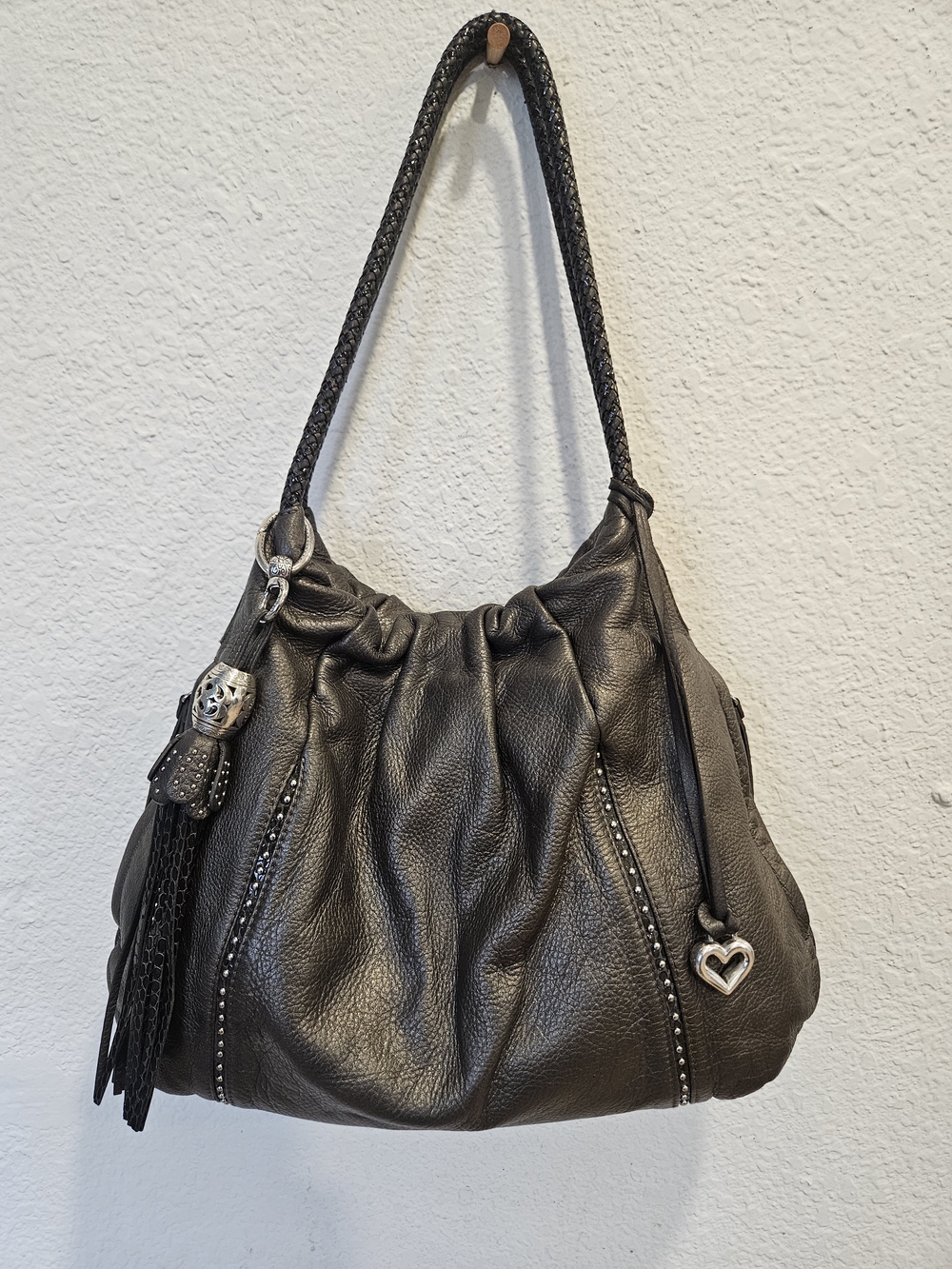 Brighton Greta Garbo Femme Fatale Pewter Studded Leather Slouchy Hobo Bag E84883